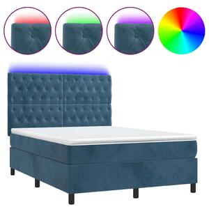 Sötétkék bársony rugós és led-es ágy matraccal 140x200 cm