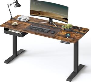 Elektromos magasságállítható íróasztal 140 × 60 cm, konnektorokkal és USB-portokkal, vintage barna-fekete