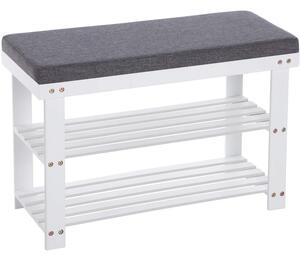 Bambusz cipőpad,2 polcos cipőtároló pad, fehér és szürke 71 x 29 x 49 cm