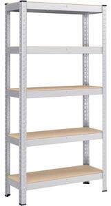 5 szintes polcrendszer, acél polcrendszer tároláshoz, csavarmentes összeszerelés, teherbírás 650 kg, 30 x 75 x 150 cm, ezüst