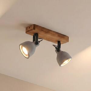 Lindby Spot Mitis, 30 cm, 2-lámpás, szürke, fa, beton, GU10, dimmelhető, Sötét fa, Nappali / Étkező, Beton, Indusztriális dizájn