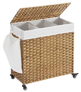 Kézzel fonott rattan stílusú szennyeskosár 3 rekesszel 140L, natúr