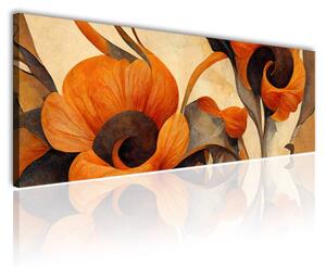 120x50 cm Piros és barna festett virágok vászonkép