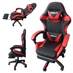 PRO-X COMFORT Gamer szék masszírozó funkcióval és lábtartóval - fekete-piros