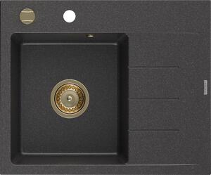 Mexen Ben, 1 kamrás gránit mosogató 600x500x190 mm, bal + arany szifon, fekete foltos, 6522605000-76-G