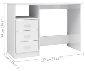 VidaXL magasfényű fehér forgácslap íróasztal fiókokkal 110x50x76 cm