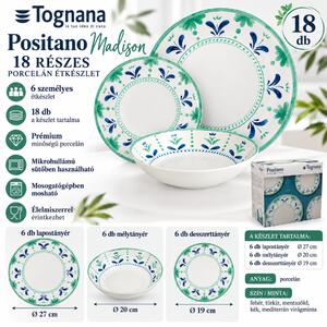Tognana Positano Madison 18 részes porcelán 6 személyes étkészlet türkiz-kék virágmintás