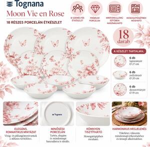 Tognana Moon Vie en Rose 18 részes porcelán étkészlet 6 személyes rózsaszín virág- és pillangómintás