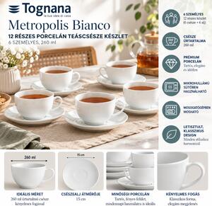Tognana Metropolis Bianco 12 részes porcelán teáscsésze készlet 6 db 260 ml-es csésze aljjal fehér