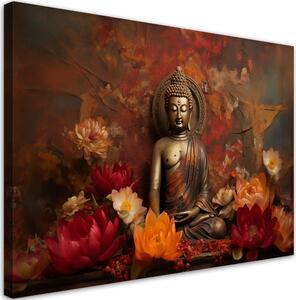 Gario Vászonkép Meditáló Buddha szobor és színes virágok Méret: 60 x 40 cm