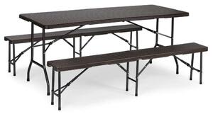 ModernHOME összecsukható rattan hatású Sörpad garnitúra asztal 180cm + 2 pad - barna