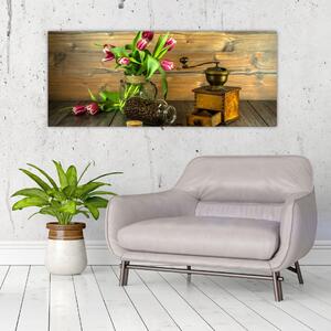 Tulipánok, daráló és kávé képe (120x50 cm)