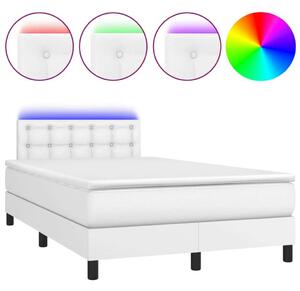 Fehér műbőr rugós ágy matraccal és led-del 120x200 cm