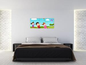 Kép - Sárkányrepülőt éngedő gyermekek (120x50 cm)