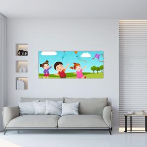 Kép - Sárkányrepülőt éngedő gyermekek (120x50 cm)