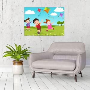 Kép - Sárkányrepülőt éngedő gyermekek (70x50 cm)