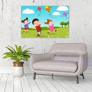 Kép - Sárkányrepülőt éngedő gyermekek (90x60 cm)