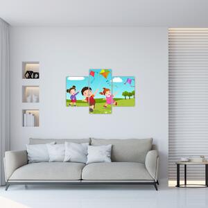Kép - Sárkányrepülőt éngedő gyermekek (90x60 cm)