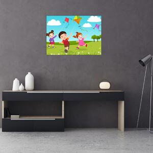 Kép - Sárkányrepülőt éngedő gyermekek (70x50 cm)