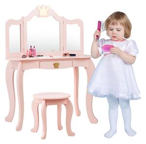 2 az 1-ben gyermek fésülködőasztal székkel és háromrészes tükörrel, rózsaszín