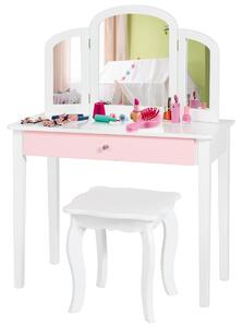 Gyermek fésülködőasztal 2 az 1-ben háromrészes összecsukható tükörrel és fiókkal fehér színben