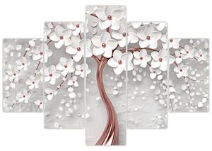 Kép - Egy fehér fa képe virágokkal, rózsaarany (150x105 cm)