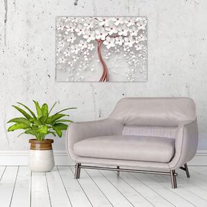 Kép - Egy fehér fa képe virágokkal, rózsaarany (70x50 cm)