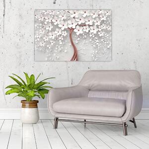 Kép - Egy fehér fa képe virágokkal, rózsaarany (90x60 cm)