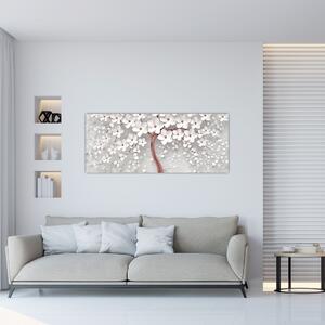 Kép - Egy fehér fa képe virágokkal, rózsaarany (120x50 cm)
