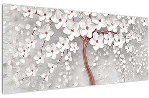 Kép - Egy fehér fa képe virágokkal, rózsaarany (120x50 cm)