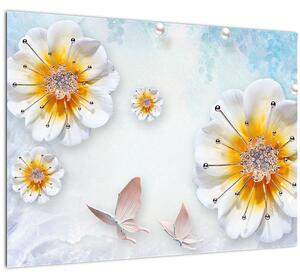 Kép - Kompozíció virágokkal és pillangókkal (üvegen) (70x50 cm)