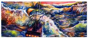 Kép - Hajó az óceán hullámain, aquarel (120x50 cm)