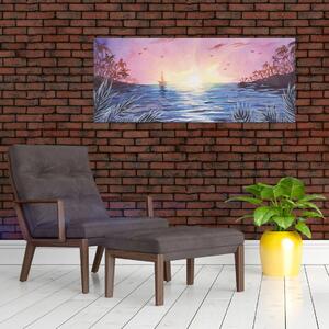 Kép - naplemente a víz felett, akvarell (120x50 cm)