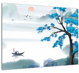 Kép - festett tó csónakkal (70x50 cm)