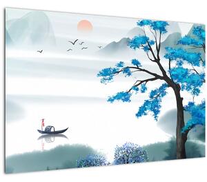 Kép - festett tó csónakkal (90x60 cm)