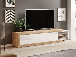 TV-állvány Balcira 103, Laminált forgácslap, 44x200x40cm, Fehér, Sandal tölgy, Fényes fehér