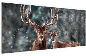 Kép - szarvas és őzike egy havas erdőben (120x50 cm)