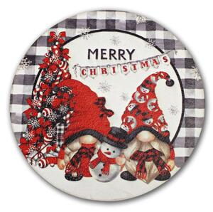 Nyomtatott fa tábla koszorú közép - Merry Christmas manós 14,8cm
