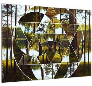 Kép - Geometrikus kollázs a skandináv erdők hátterében (üvegen) (70x50 cm)