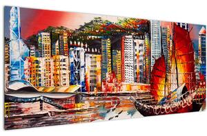 Kép - Victoria Harbour, Hong Kong, olajfestmény (120x50 cm)