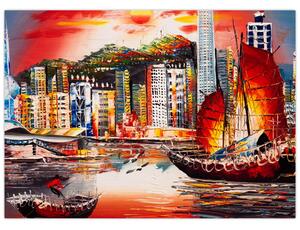 Kép - Victoria Harbour, Hong Kong, olajfestmény (70x50 cm)