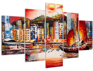 Kép - Victoria Harbour, Hong Kong, olajfestmény (150x105 cm)