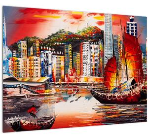 Kép - Victoria Harbour, Hong Kong, olajfestmény (üvegen) (70x50 cm)