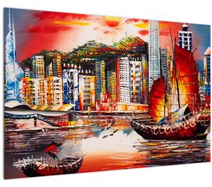Kép - Victoria Harbour, Hong Kong, olajfestmény (90x60 cm)