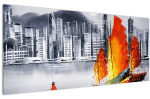 Festmény - Victoria Harbour, Hong Kong, fekete-fehér olajfestmény (120x50 cm)