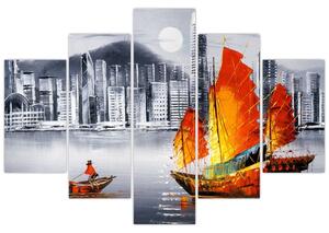 Festmény - Victoria Harbour, Hong Kong, fekete-fehér olajfestmény (150x105 cm)