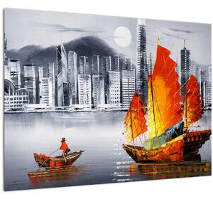 Festmény - Victoria Harbour, Hong Kong, fekete-fehér olajfestmény (70x50 cm)