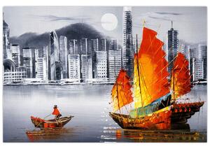 Festmény - Victoria Harbour, Hong Kong, fekete-fehér olajfestmény (90x60 cm)