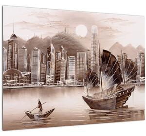 Kép - Victoria Harbour, Hong Kong, szépia hatás (70x50 cm)