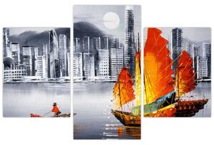 Festmény - Victoria Harbour, Hong Kong, fekete-fehér olajfestmény (90x60 cm)